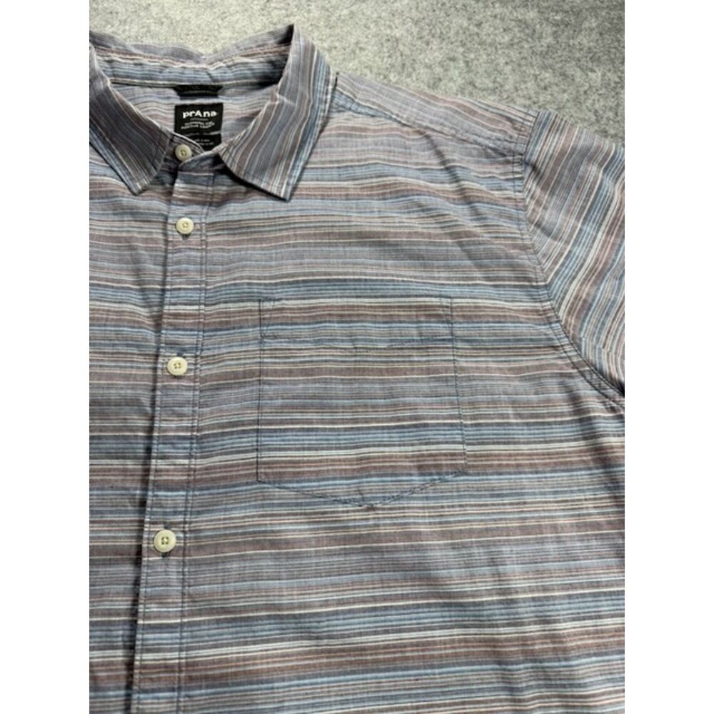 prAna Men's XL Organic Cotton Striped Short Sleeve Button Up Shirt Blue - Picture 3 of 7